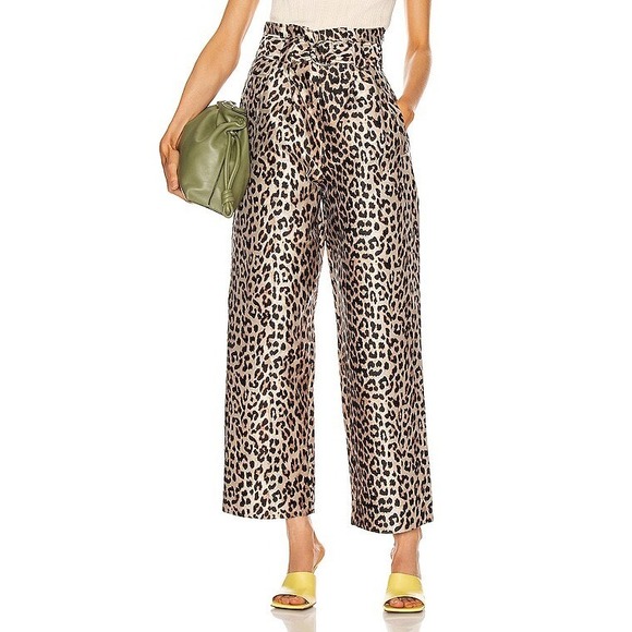 GANNI NWT Women's Crispy Jacquard Leopard Print Tie Waist Pants Wide Leg- Size 8 - Picture 1 of 14